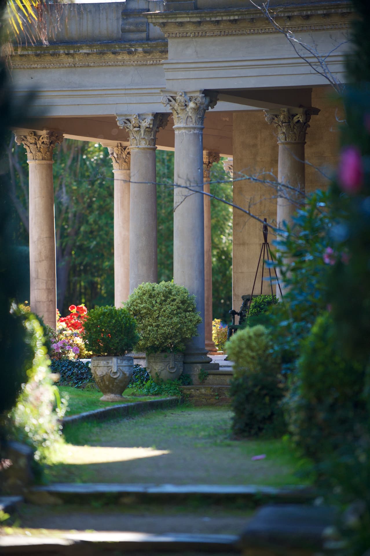Corinthian columns with stone urns and topiary seen from the garden