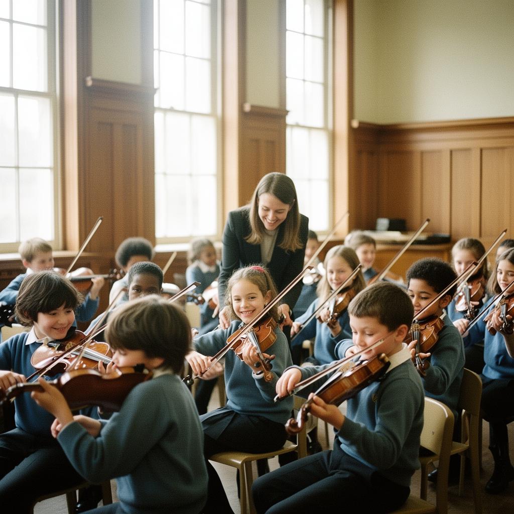 Children learning violin together in a school music room