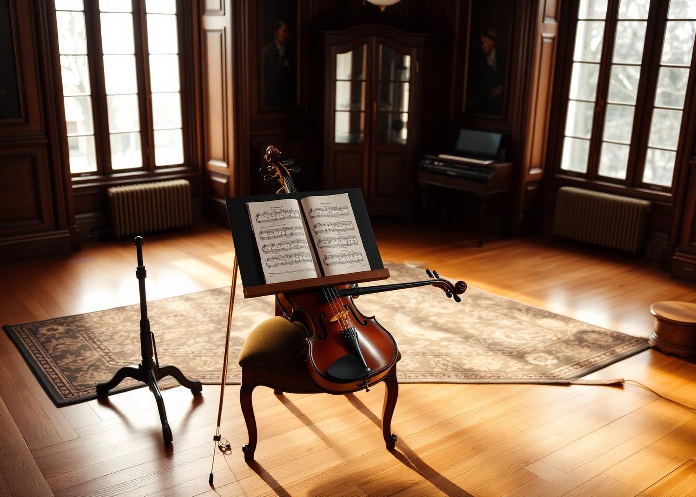 Sunlit violin studio with sheet music and viola