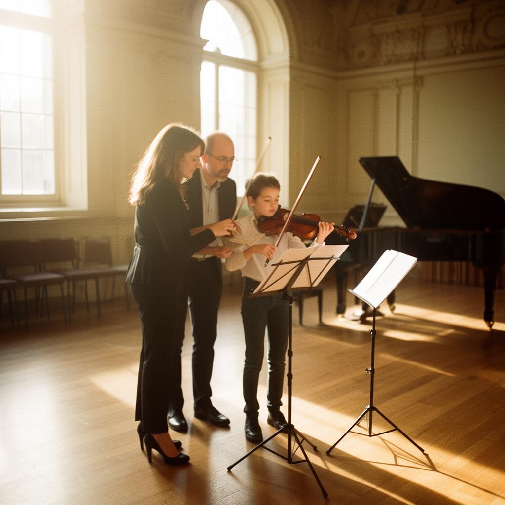 Studio teacher mentoring a younger violin teacher in a sunlit conservatory